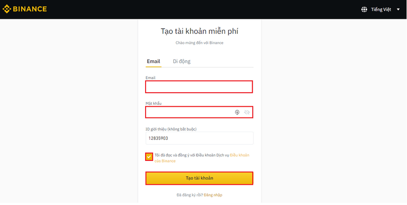 Cách đăng ký tài khoản Binance