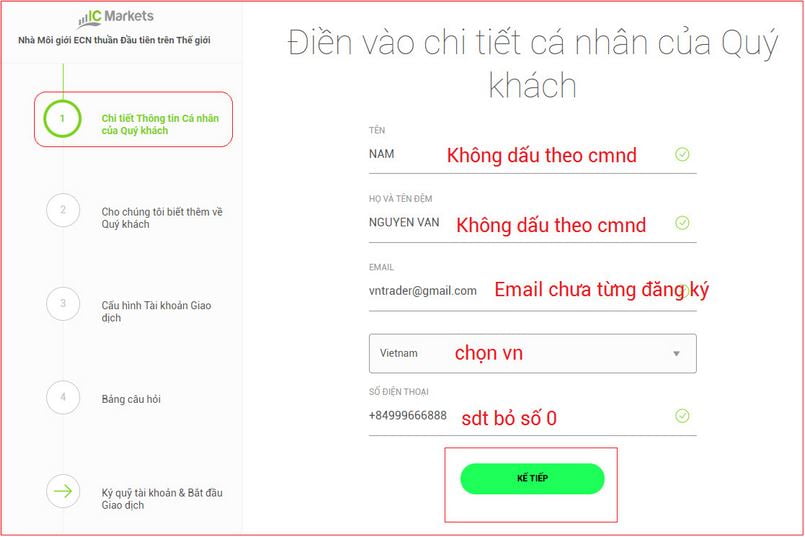 Bước điền thông tin cá nhân mở tài khoản