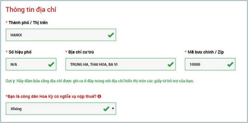 Điền thông tin địa chỉ nơi ở